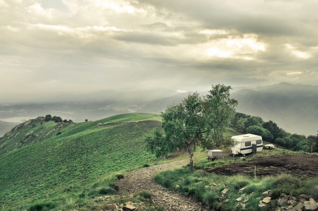 An rv from storage for rvs being driven throughout a countryside